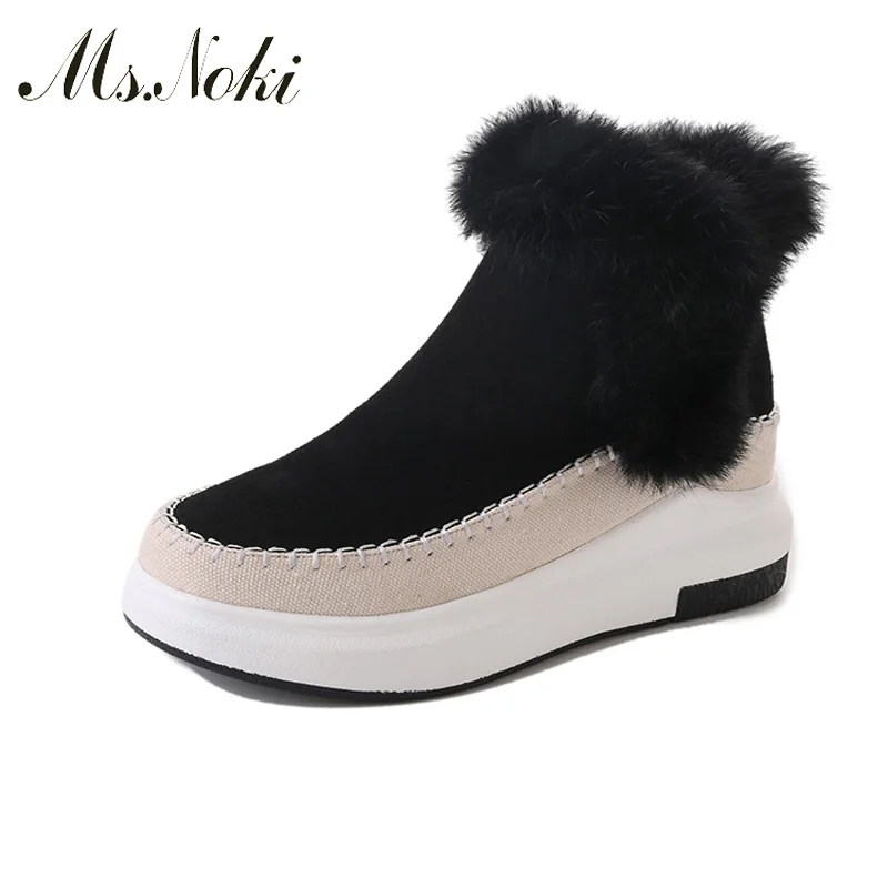 

Ms.Noki New 2017 Autumn Winter Fashion Fur Boots Women Flats Ankle Boots Casual Round Toe Buckle slip on Soft Boots Size