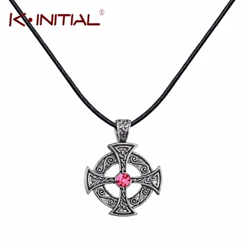 Kinitial 1Pcs Silver Plated Solar Cross Knot Religious Christian Irish Druid Pendant Black Leather Necklace For Women Necklaces