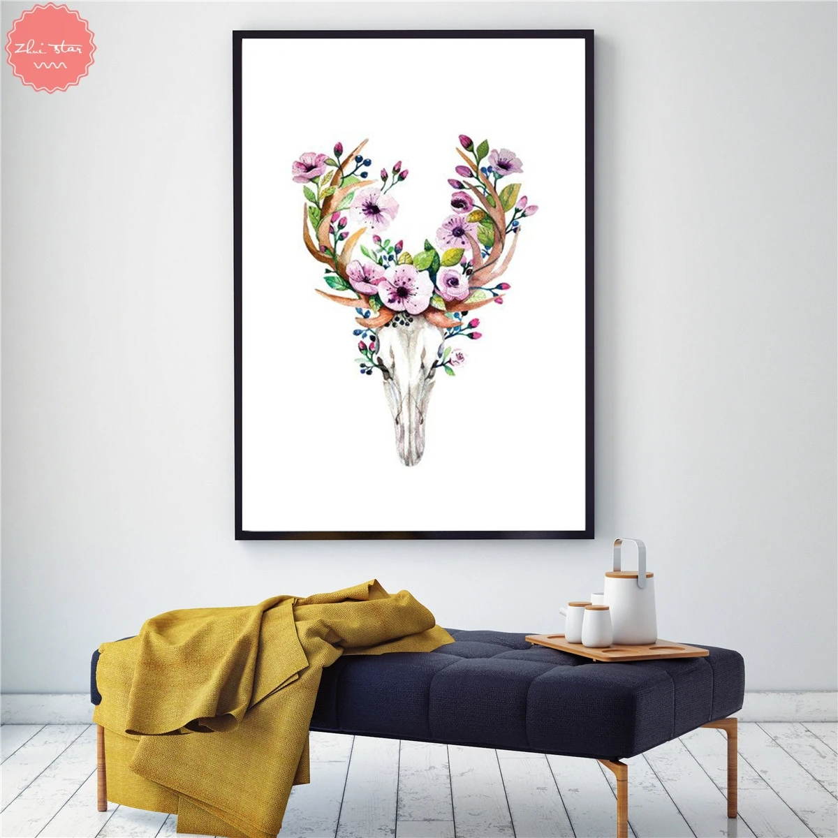 Diamond Painting Bohemian Watercolor Deer Skull With Flowers