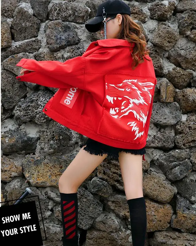 rouge Version Fille Noir Hip Hop Impression 2019 Automne Coréenne De La D'hiver Courte Veste Paragraphe Et Étrange Femelle Nouvelle Denim F1J3KTlc