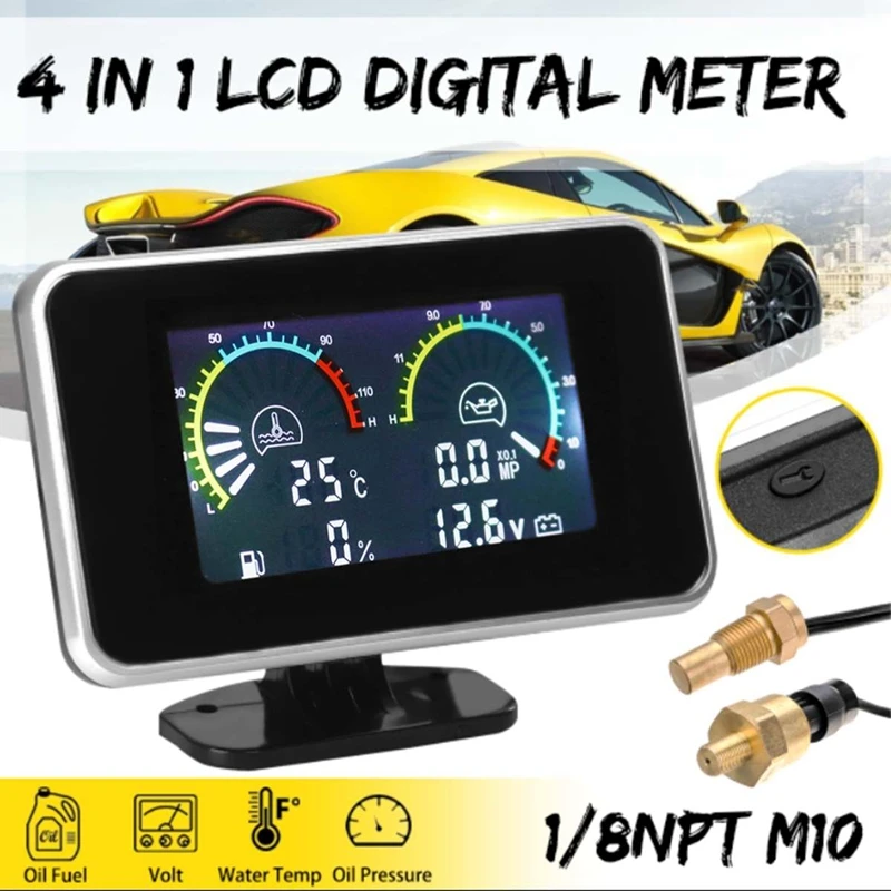 4-в-1 Lcd Автомобильный цифровой ЖК-дисплей инструмент масляной Давление Датчик вольтметр уровня топлива Температура воды метр сиамские часы M10