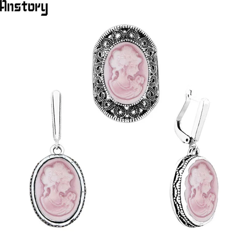 Lady Queen Cameo Jewelry Sets Vintage Necklace Earrings Ring For Women Flower Pendant Fashion Party Fashion Jewelry - Окраска металла: Earring Ring Set