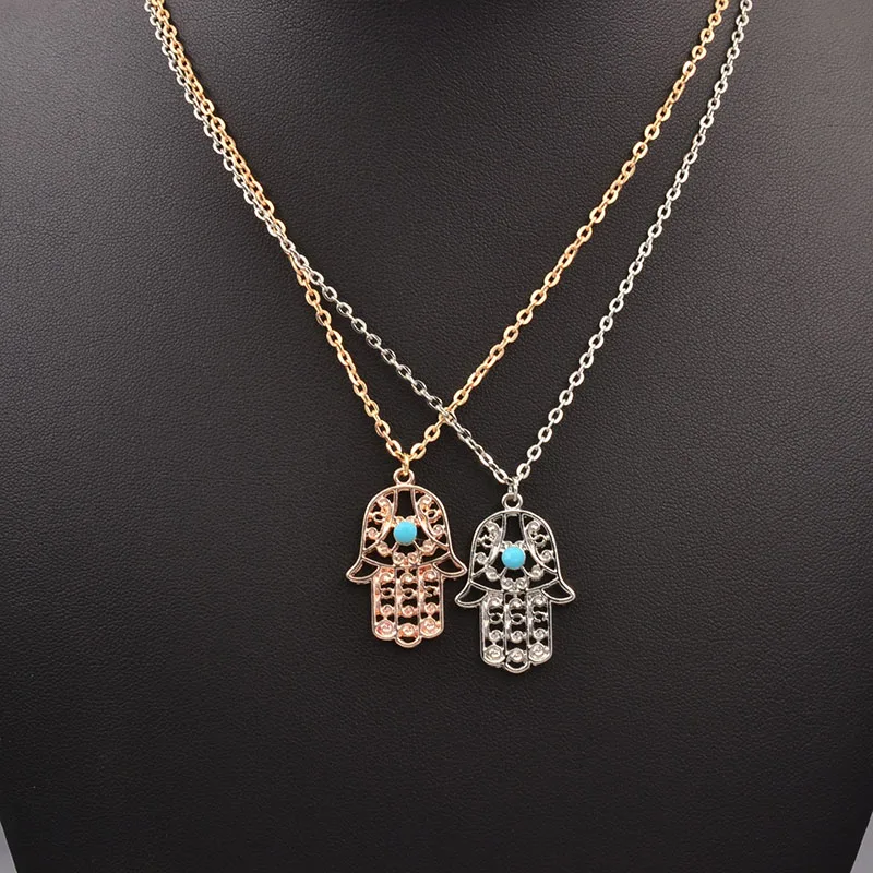 

New gold color crystal hollow two-color necklace Classic The hand of Fatima Necklace jewelry Pendants Metal Chain
