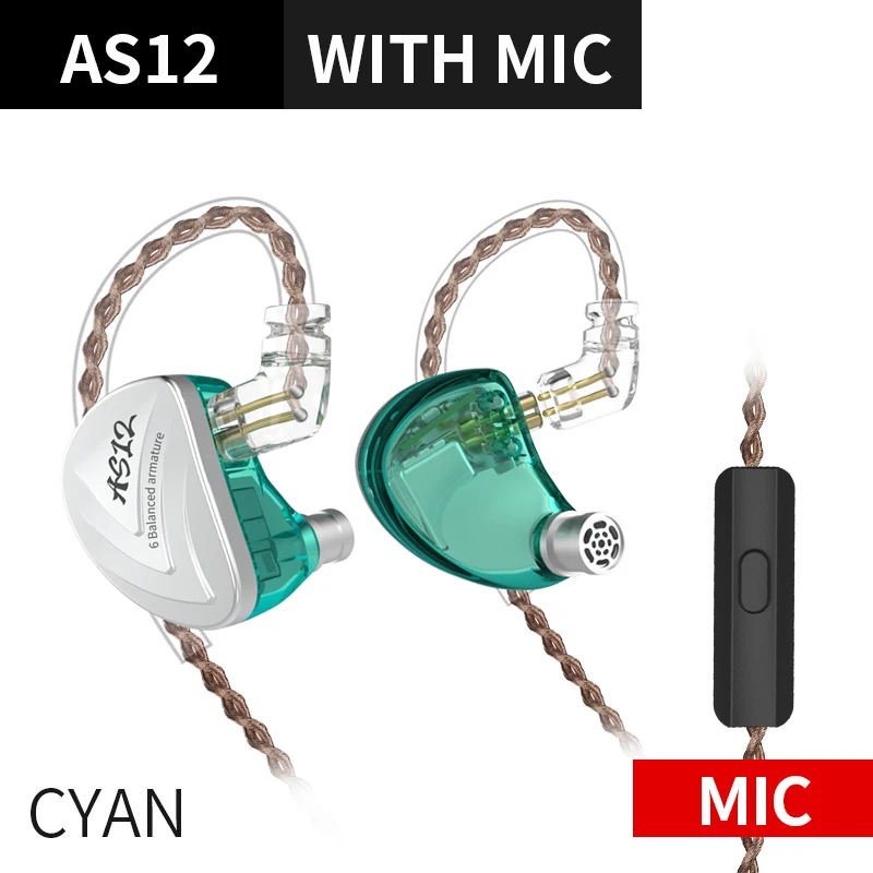 Новинка KZ AS12 12BA, наушники с сбалансированным арматурным покрытием, Hi-Fi наушники для бега, спортивные наушники, наушники для ушей KZ ZS10 ZSN PRO ZS6 ZST ZS5 ZS7 - Цвет: Silver Cyan with mic