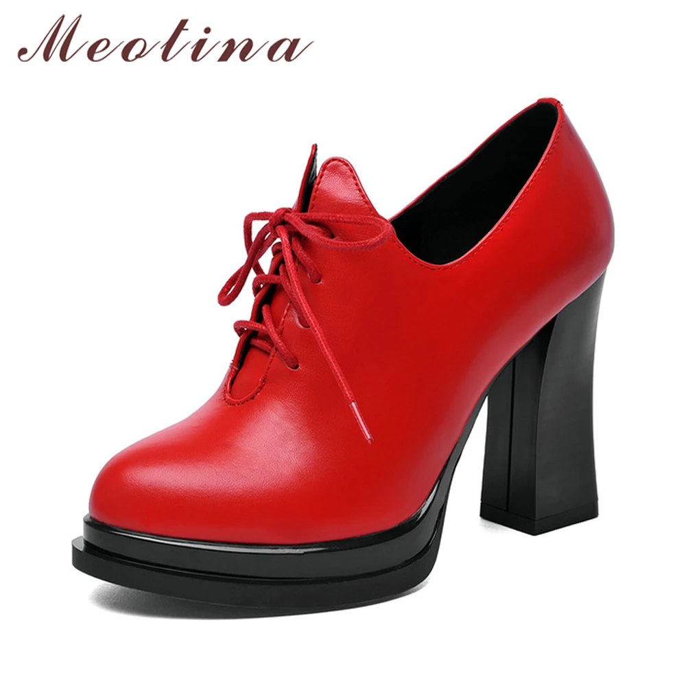 Meotina Winter Women Genuine Leather Boots Platform High Heel Ankle Boots Lace Up Leather Boots Round Toe Autumn Shoes Red Black Meotina Winter Women Genuine Leather Boots Platform High Heel Ankle Boots Lace Up Leather Boots Round Toe Autumn Shoes Red Black
