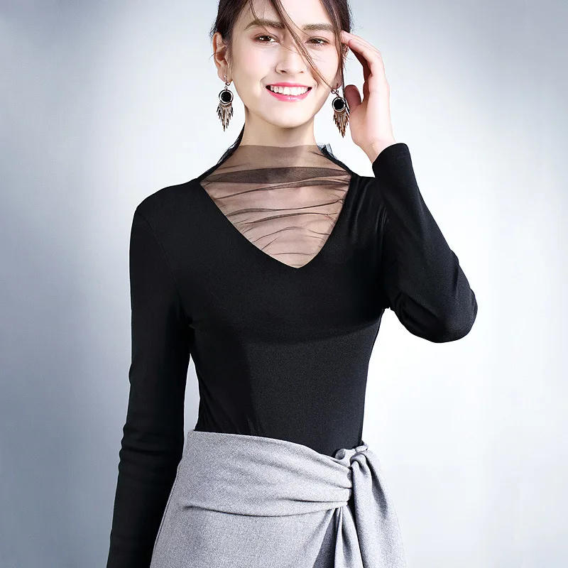 Spring New Women'S Long Sleeved Mesh Stitching Shirt Small Shirt Sexy V ...