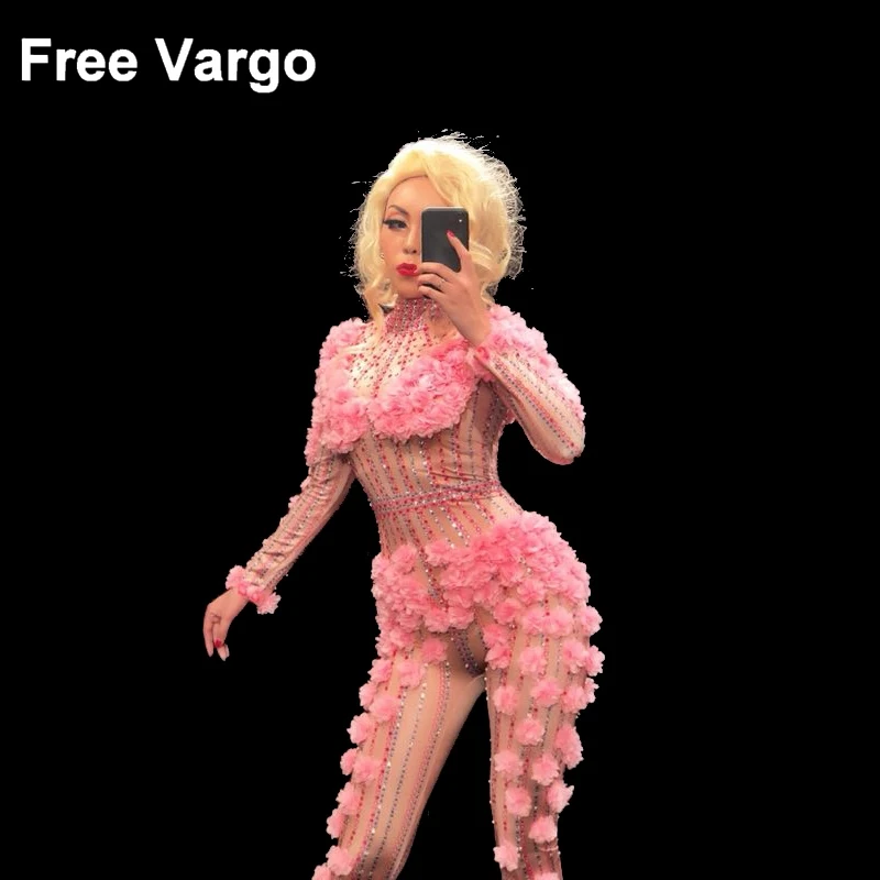 Sexy Pink Flower Rhinestone Bodysuit Jumpsuit Drag Queen Costumes Singer Stage Wear One-piece Costume Stretch Outfits Sexy Pink Flower Rhinestone Bodysuit Jumpsuit Drag Queen Costumes Singer Stage Wear One-piece Costume Stretch Outfits