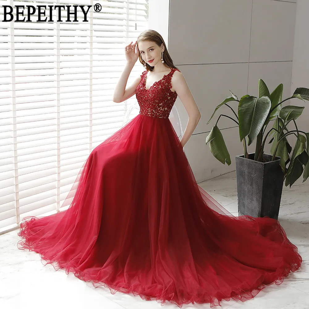 BEPEITHY, Vestidos De Gala Largos, Новое поступление, торжественное платье, бордовое, тюль, v-образный вырез, аппликация, бисер, Длинные вечерние платья