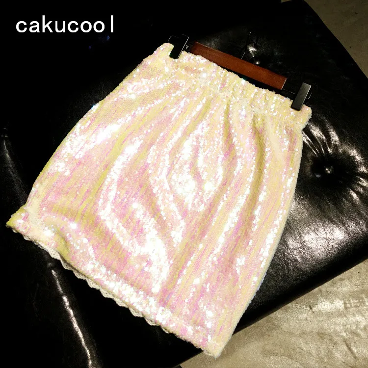 Cakucool Серебряный блестками юбка тонкий прямой мини-юбка украсить Бисер Высокая Талия юбки Дизайн вечерние Клубные пикантные облегающая юбка