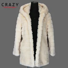 F6009 Женское пальто больших размеров 3XL 4XL 5XL приталенное пальто средней длины из искусственного меха белого кролика женское черное пальто из искусственного меха с капюшоном