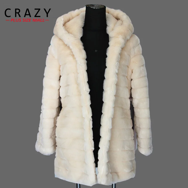 F6009 2015 Women Plus Size 3XL 4XL 5XL Slim Middle-long Artificial White Rabbit Fur Coats Ladies Black Faux Fur Coat With Hood white artificial fur duster coat