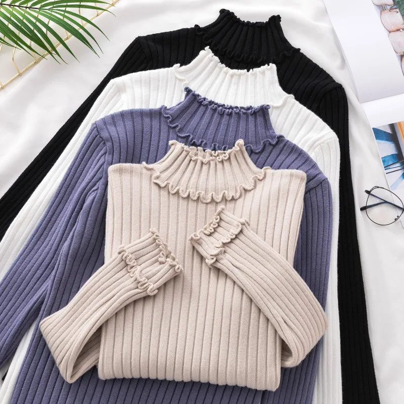 Фото 2019 Модный осенне-зимний женский пуловер свитера водолазка с длинным рукавом