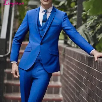 

Linyixun Latest Coat Pant Designs Royal Blue Custom Groom Best Man Tuxedo suit Wedding Men Suits Skinny 3 Pieces Terno