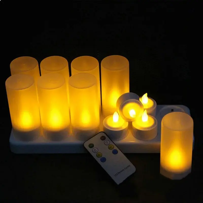 

Set of 12 Remote controlled Rechargeable Flameless TeaLight candle lamp 4H/8H timer controller Frosted holder f/Xmas Party Decor