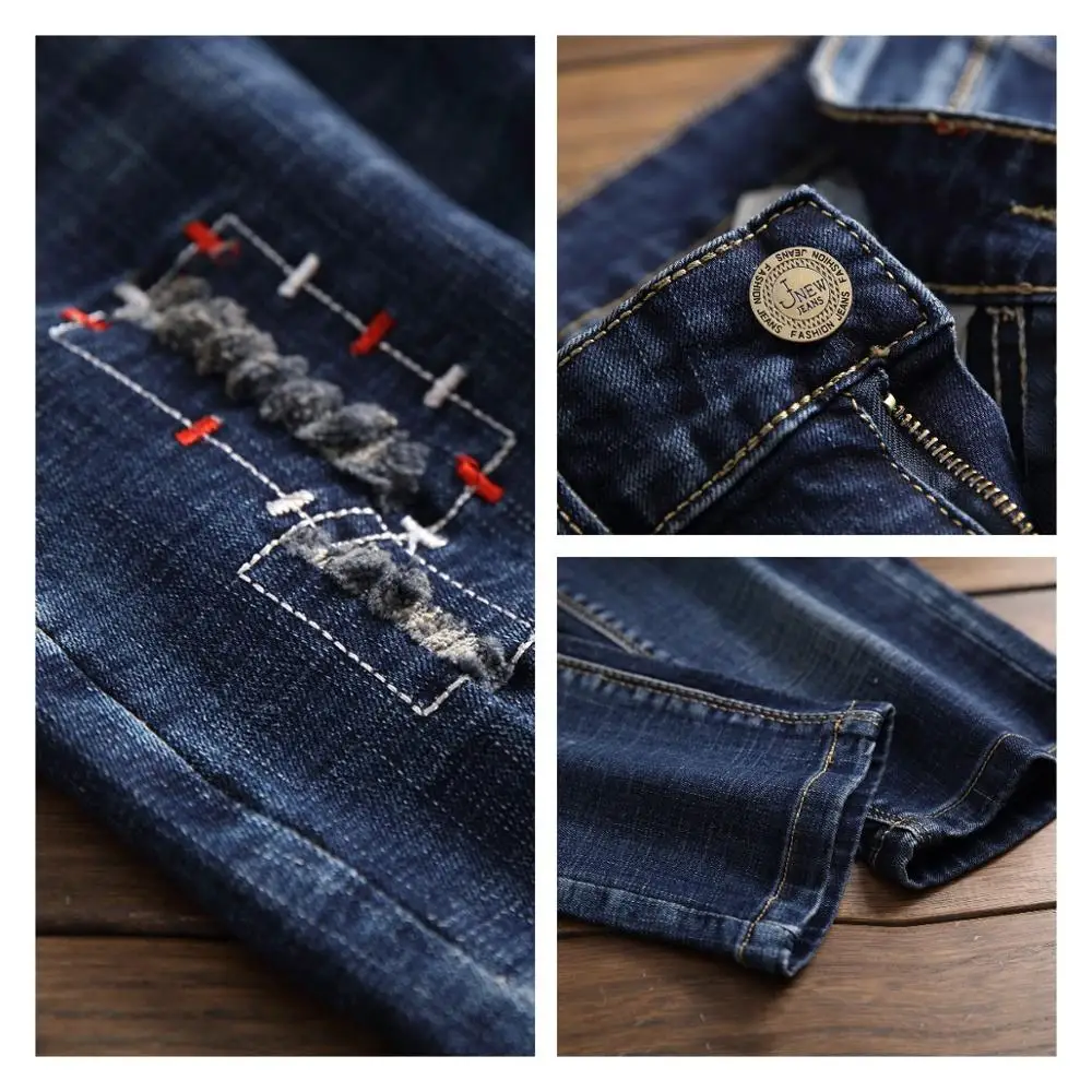 High quality blue jeans hole embroidery brand fashion casual patchwork homme denim trousers plus size 29-38 men's jeans