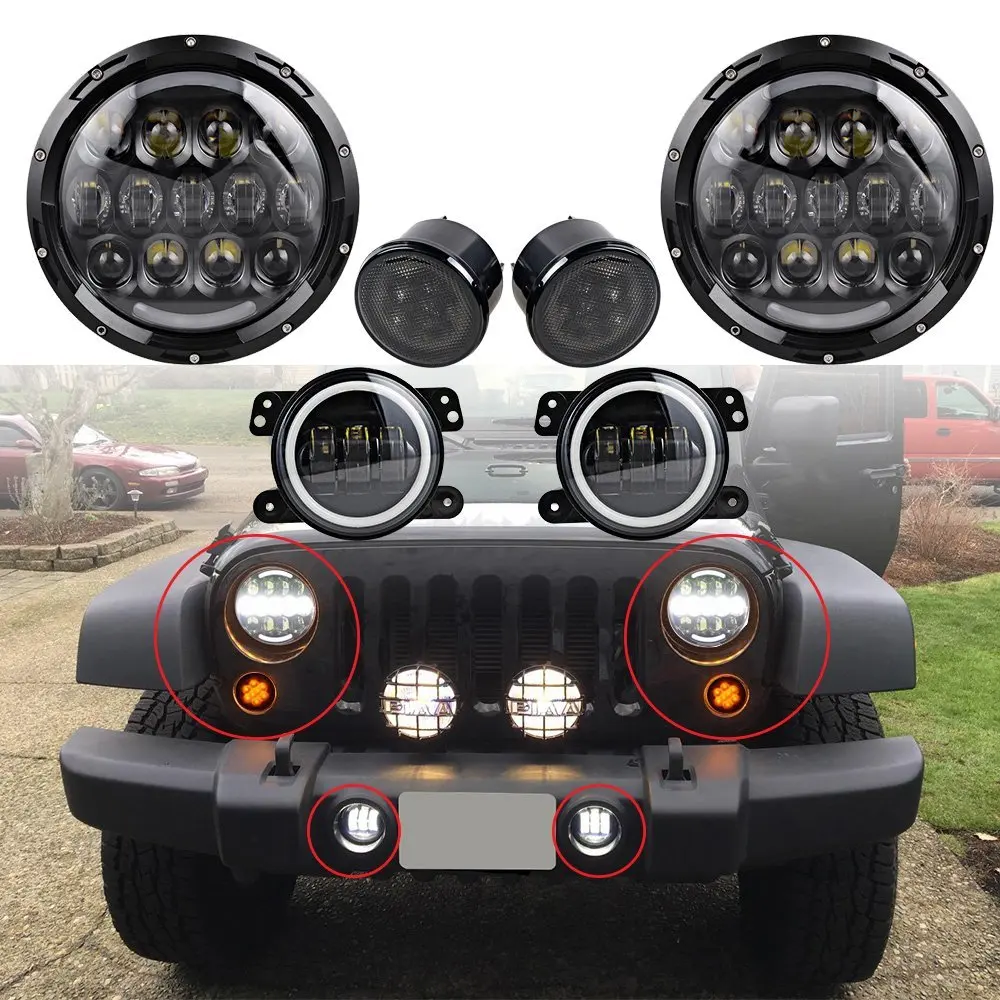 White 7" Round H4 LED Headlight + 4" Fog Light w/ Halo Ring + Front