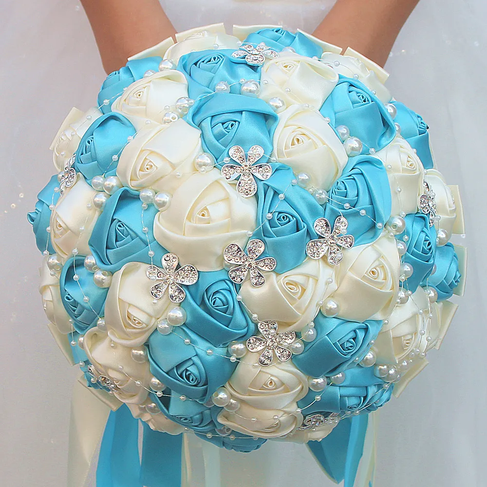 

Customized Ivory Lake Blue Ribbon Flower Bouquet Bridal Bridesmaid Hand Holding Silk Diamond Jewelry Wedding Bouquet W224A-1