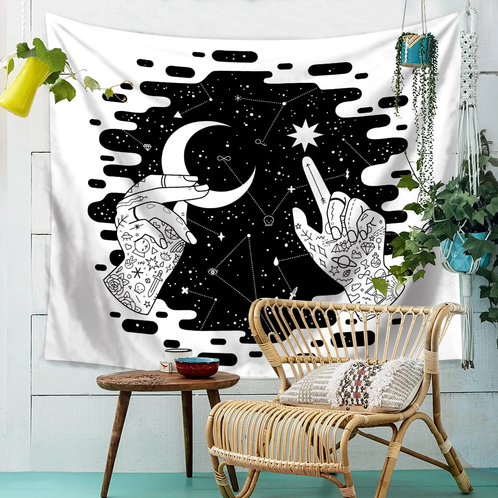 

Morigins Sun and Moon Tapestry Burning Sun with Star Tapestry Psychedelic Tapestry Black and White Mystic Tapestry Wall Hanging