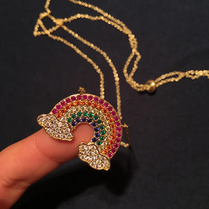 

New Design Popular Rainbow Necklace AAA Cubic Zirconia Cute Sweet Pendants Necklaces for Women Fashion Jewelry Lover Gift