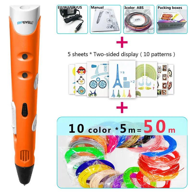 Myriwell 3d Ручка 3d ручки, 1,75 мм ABS/PLA нити, 3 d pen3d модель, Creative3d ручка doodler, лучший подарок для детей - Цвет: Orange pen Package 3