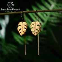 Lotus Fun Moment 925 Silver Gold Long Drop Earring drop ship Fashion Jewelry Leaves Dangle Earrings for Women dropshipping store
