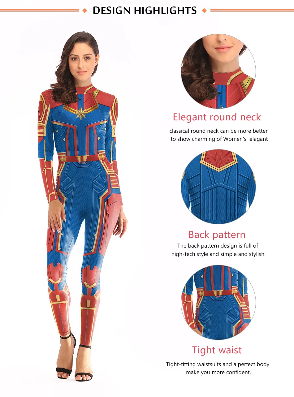 Adult Avengers 4 Endgame Captain Marvel Cosplay Costume Women Superhero Halloween Ms Marvel Carol Danvers Bodysuit Jumpsuit