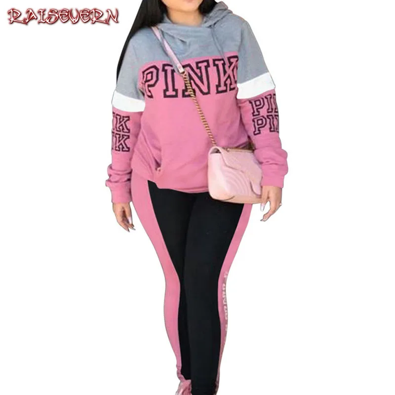 

RAISEVERN Pink Letters Print Tracksuit Women Plus Size Sweatsuit Hoodies Tops and Pants Suits Casual 2pcs Outfits Two Piece Set