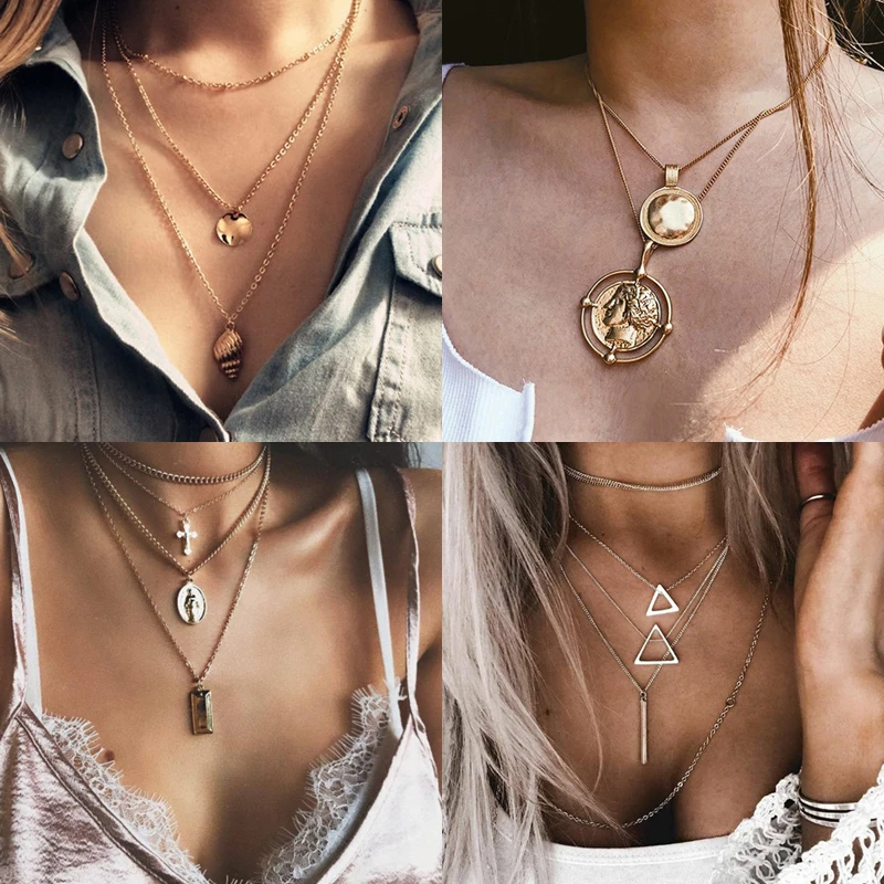 Seblasy New Fashion Big Statement Clavicle Chain Star Moon Triangle Infinity Leaves Simulated Pearl Necklaces Pendants for Women | Украшения