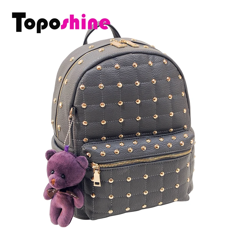 Toposhine 2016 PU Leather Rivet Women Backpacks Solid Bear Colorful Women Shoulder Bag for Women Girl Backpacks 3 Colors 8804