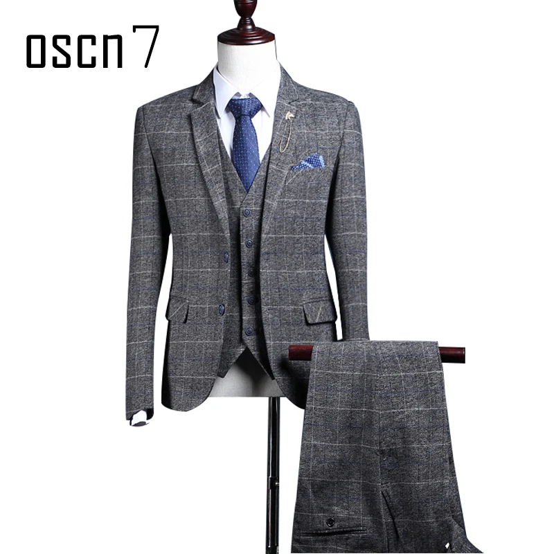 OSCN7 серый клетчатый шерстяной костюм для мужчин Slim Fit деловые костюмы свадьбы 2019