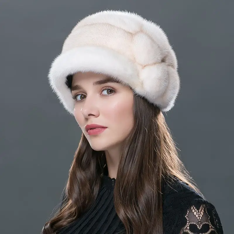 

2018 Female mink fur hat whole mink fur hat to keep warm big flower hat