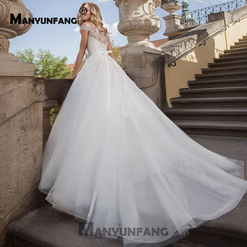 Vestido De Noiva/ Свадебные платья с короткими рукавами ТРАПЕЦИЕВИДНОЕ кружевное арабское свадебное платье пояс с кристаллами цвета слоновой кости