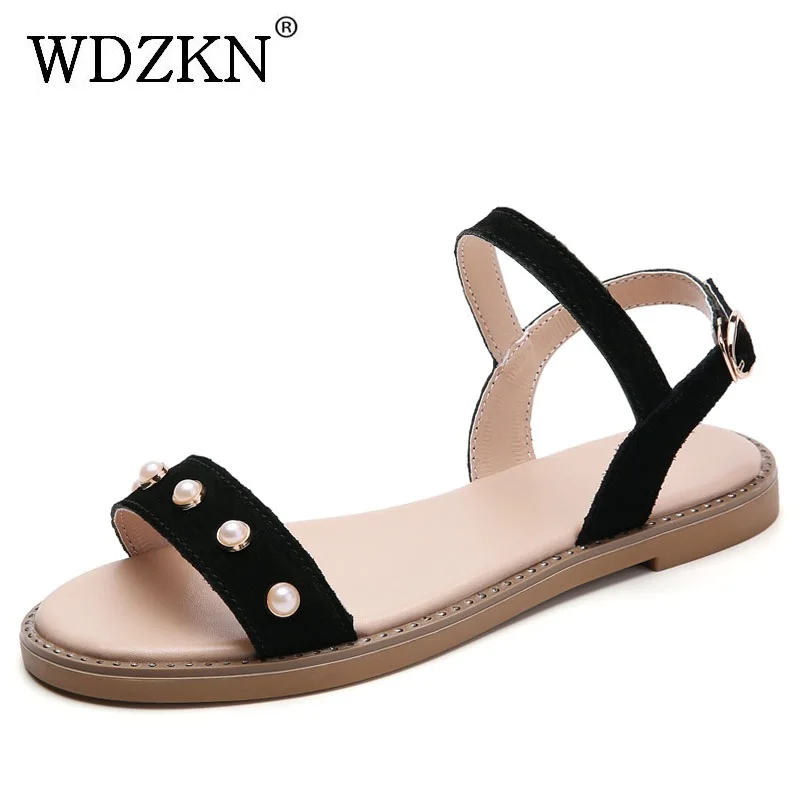 

WDZKN 2019 Female Shoes Summer Sandals Woman Quality Cow Suede Open Toe Rhinestone Women Flat Sandals Fashion Buckle Strap H252