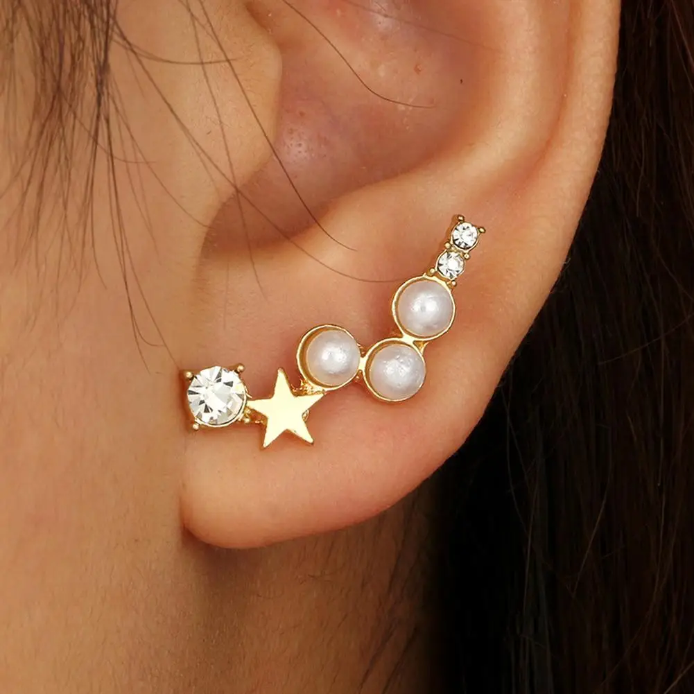 

Hot Women Star Faux Pearl Rhinestone Ear Stud Climber Earrings Jewelry