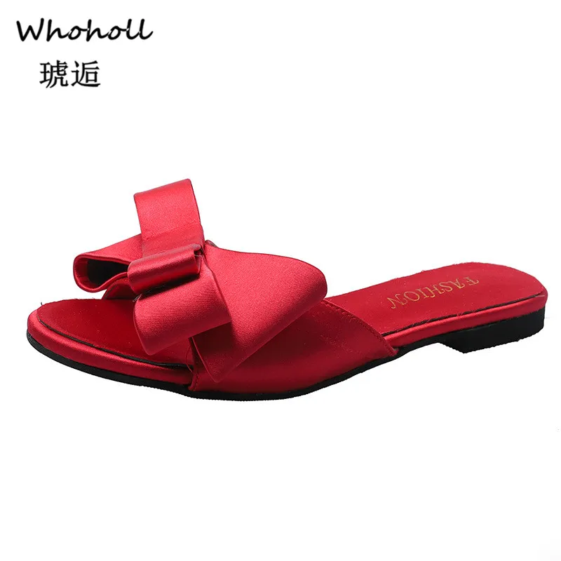 

Wearing Flat Slippers Women's Shoes 2019 Korean Version of The Summer New Large Bow Satin Round Head Sandals Wild Half Slippers