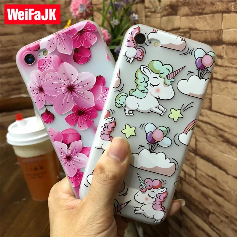 

WeiFaJK Unicorn Silicone Matte Case for iPhone 6 6s 7 Floral Matte TPU Soft Back Cover Case for iPhone 7 Plus 8 Plus Case 6 Capa