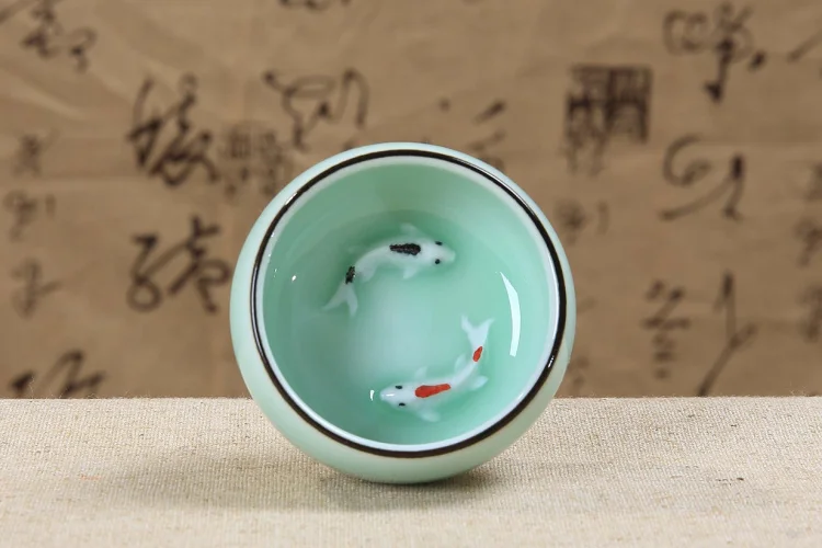 6pcs/lot porcelain cup Chinese gongfu teacup double fish relief longquan celadon 