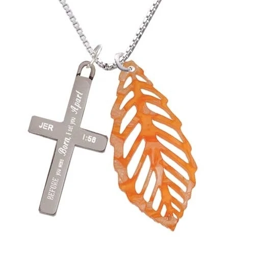 Acrylic Large Leaf Pearly Orange - I Set You Apart - Cross Necklace (1)