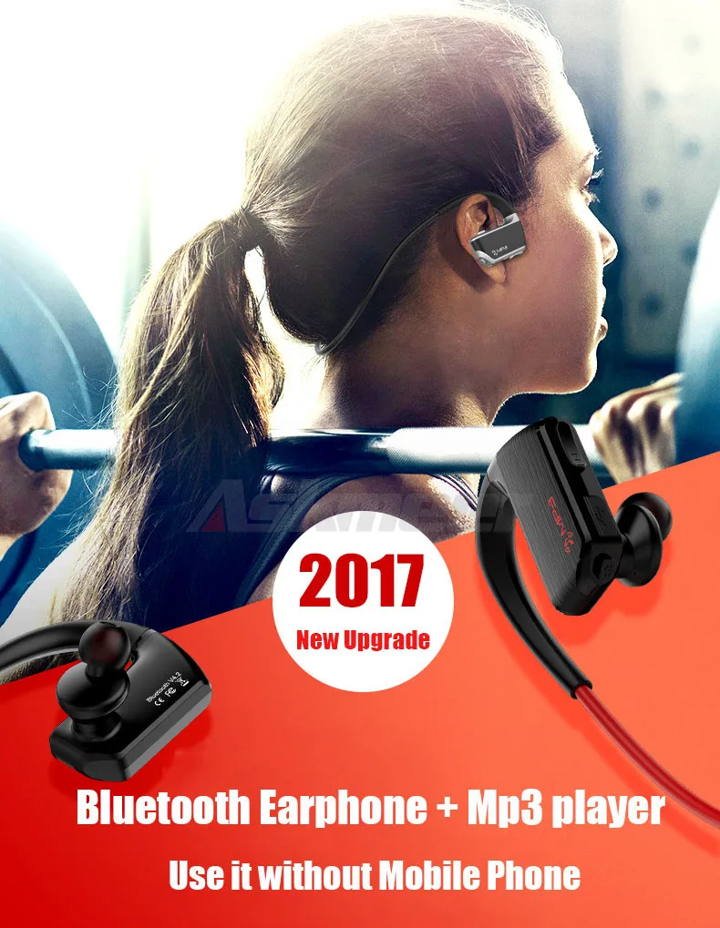 Askmeer J2 Wireless Bluetooth Earphone Sport Stereo Earbuds Headset In Ear Earpiece with Microphone+8GB Mp3 Player Two Play Mode (1)