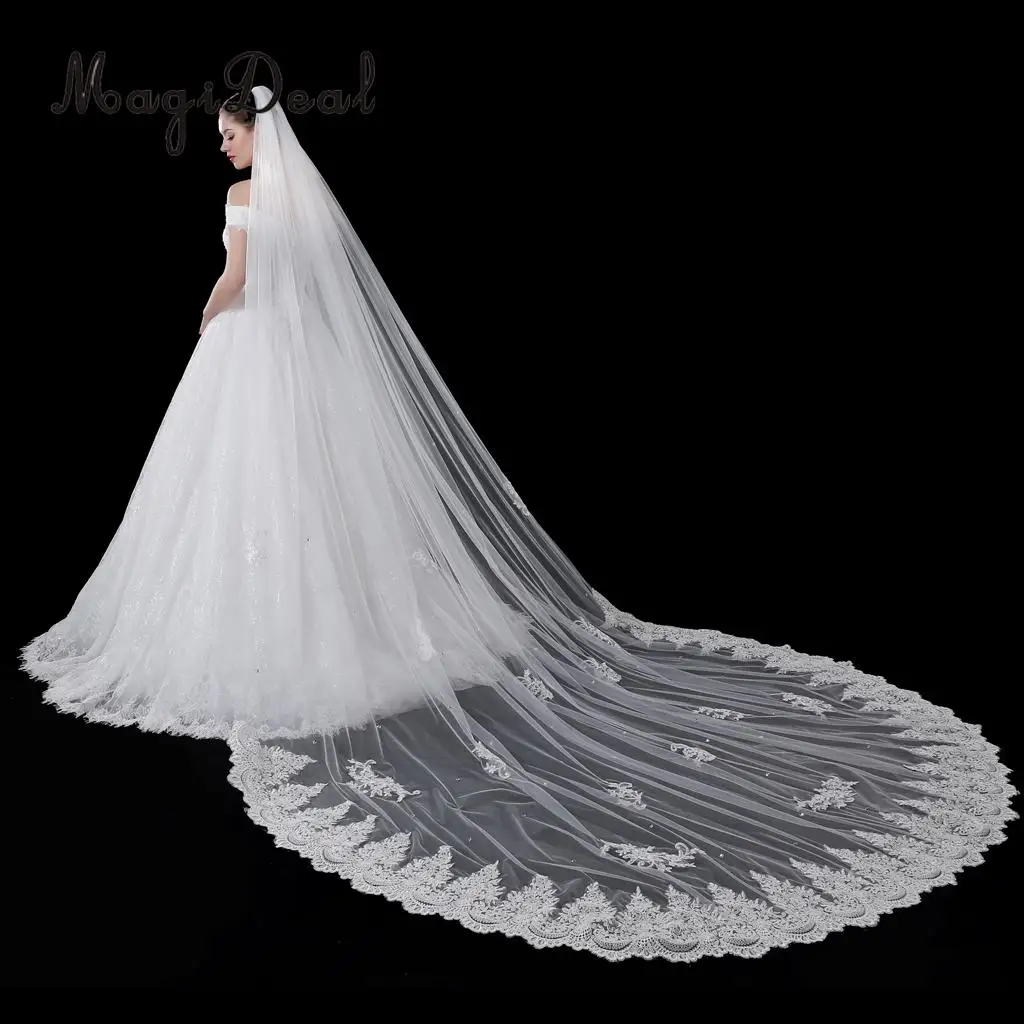 MagiDeal Wedding Veil Appliques Edge Chapel Long Bridal Veils with Comb