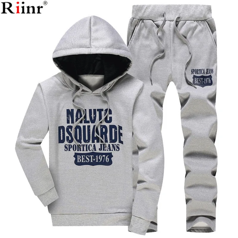 

Riinr 2017 Fashion New Arrival Sporting Suit Men Spring And Autumn Casual Hoodies Two Piece Sets Solid Color Printing Tracksuit