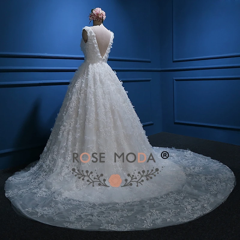 Роза Moda Винтаж Кружево бальное платье V назад 3D цветок свадебное платье с Royal поезд арабский Свадебные платья Реальные фотографии