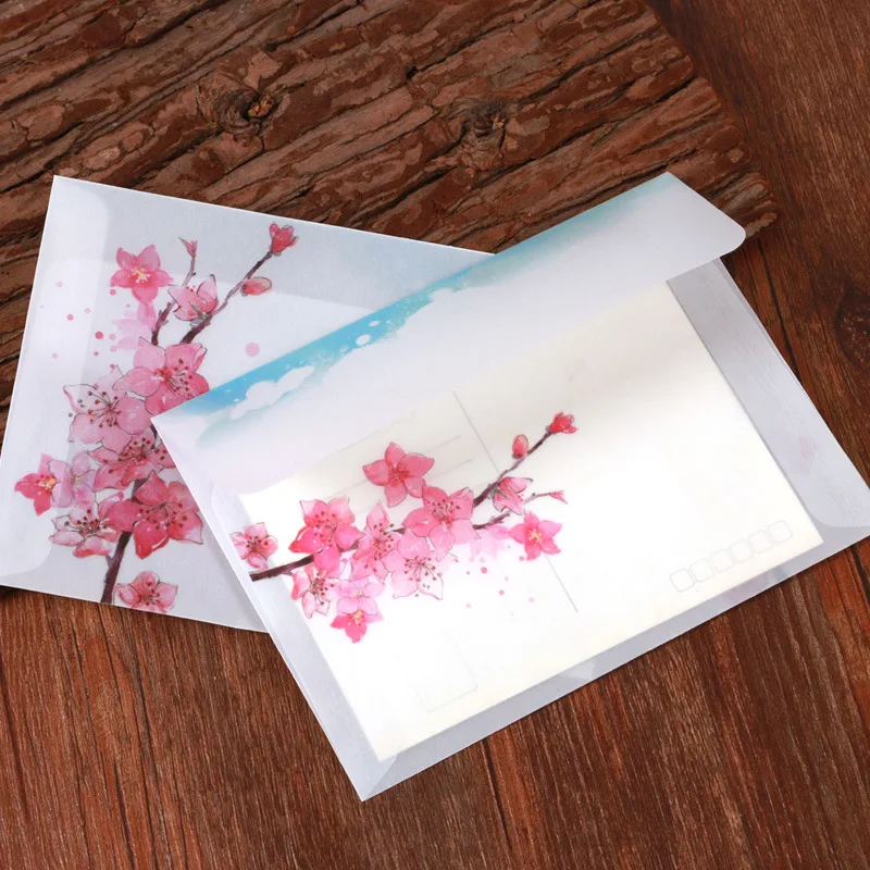 

5pcs Sweet Peach Blossom Paper Envelopes for invitations Postcards Greeting Card Cover Stationery Transparent Paper Envelopes