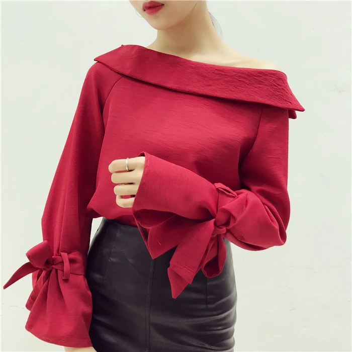 

2017 Woman Solid Blouses Shirts Bowknot Sleeve Slash Neck Graceful Women Casual Blouse Shirt Ladies Clothes