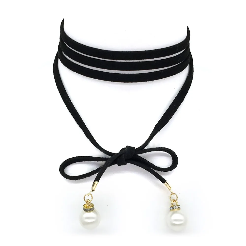 Wrap Choker Necklace Bow Tie Choker Rope with Rhinestone Pearl Boho