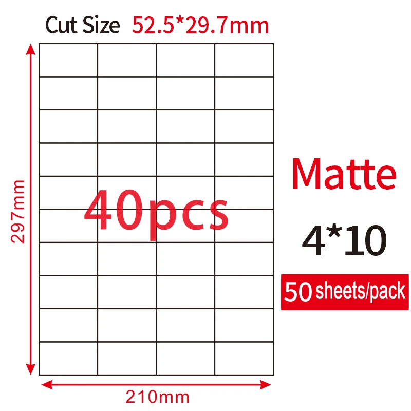 Jetland A4 адресные этикетки листы самоклеющиеся FBA наклейки Лазерный/струйный принтер, A4 высечки наклейки, 50 листов/упаковка - Цвет: 40 pcs 52.5-29.7 mm