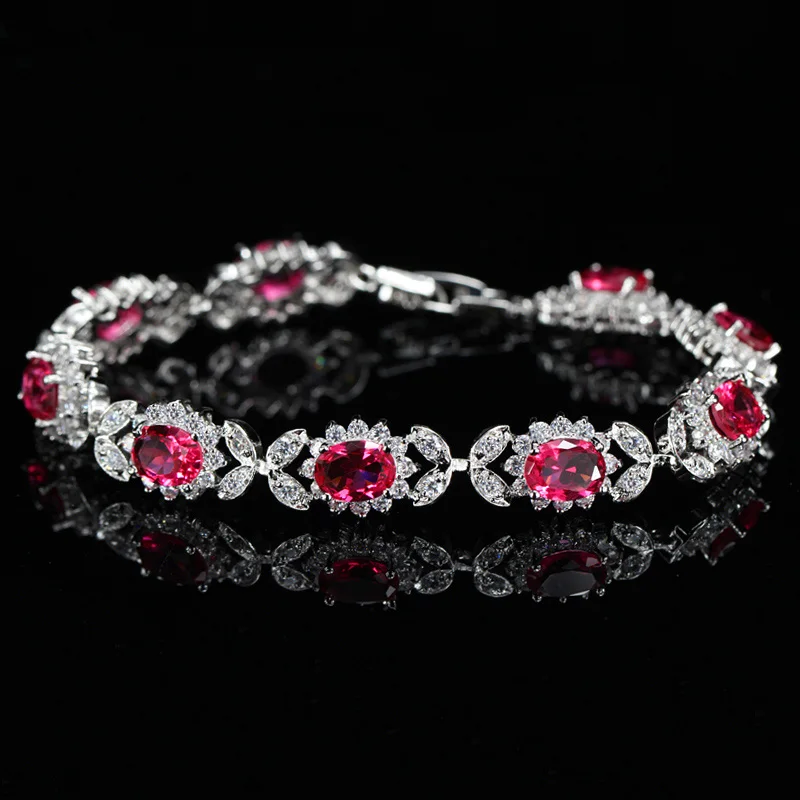 BeaQueen элегантные турецкие 925 пробы серебряные женские ювелирные изделия овал, куб, цирконий цветок браслет для роскошных свадебных вечеринок B066 - Окраска металла: Rose Red