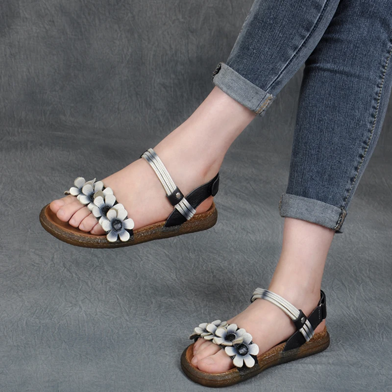 

women leather sandals low heels peep toe 2019 summer shoes girls retro sandals flower beige handmade genuine leather sandals