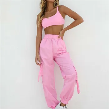 

Women Hot summer 2pcs set Fashion solid clothes bandage Sleeveless crop top high waist harem trousers Fitness casual outfits New