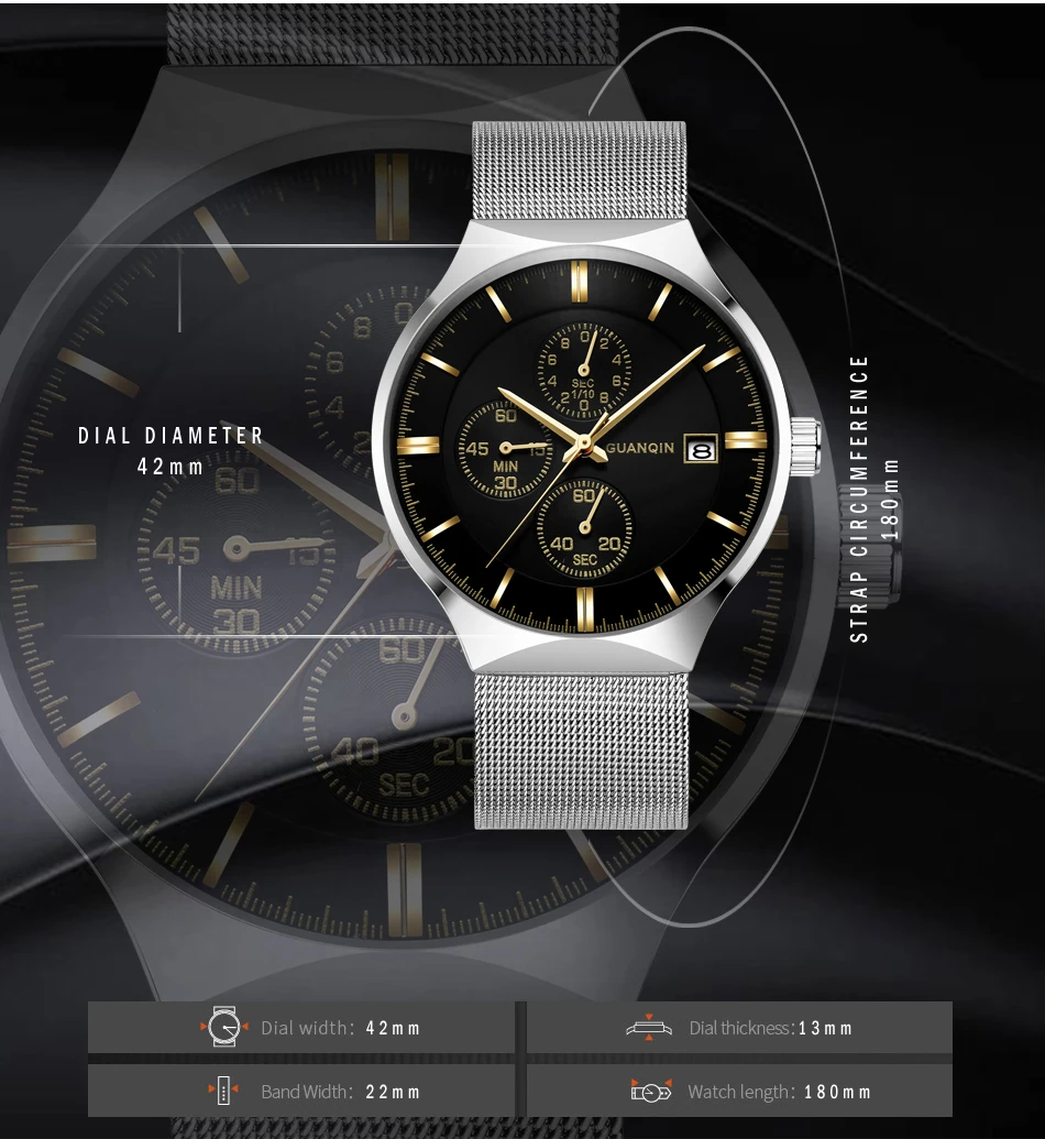 2018 GUANQIN Brand Luxury Men's Fashion Chronograph Calendar Watches Men Business Casual Mesh Band Waterproof Quartz Wrist Watch
